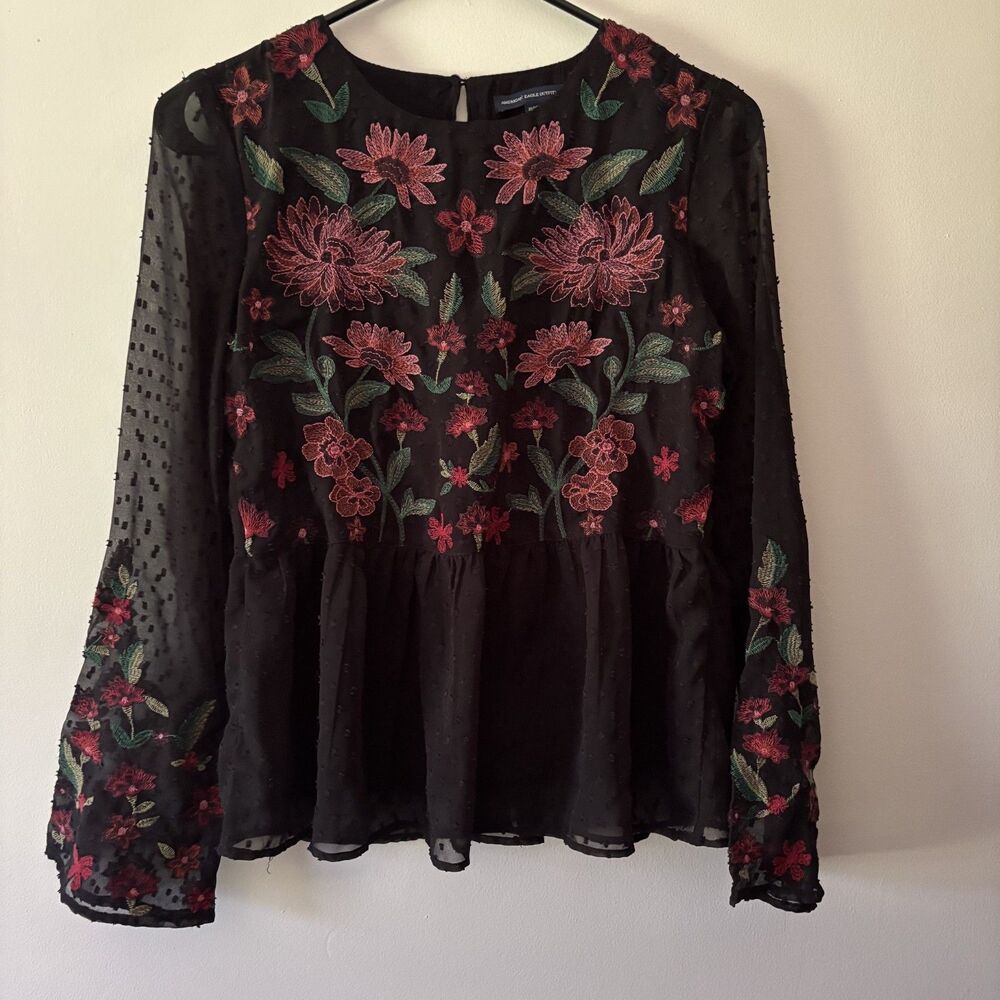 American Eagle Embroidered Long Sleeve Ruffle Blouse Mesh Floral Bell Sleeve XS